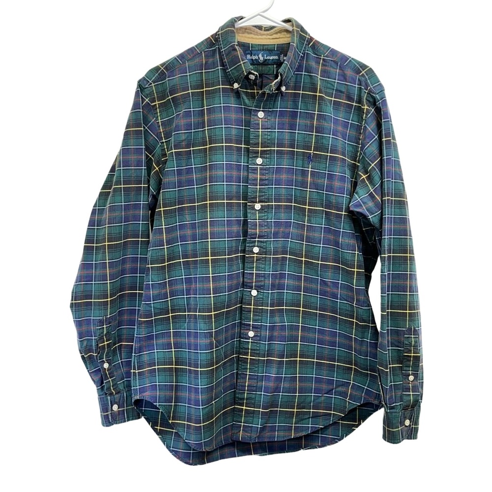 VTG Ralph Lauren Green Blue Plaid Tartan Long Sleeve Button Down Shirt Medium‎